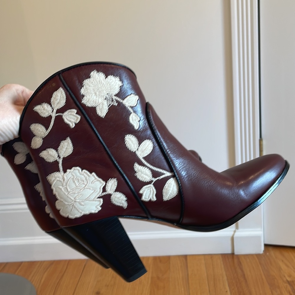 Kate Spade Burgundy Leather Ankle Boots with White Floral Embroidery - Picture 12 of 16
